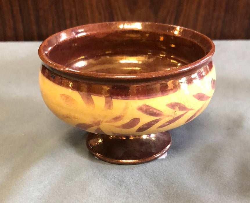 COPPER LUSTER FOOTED DISH WITH YELLOW BAND PINWHEEL