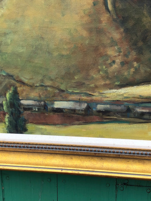 CALIFORNIA MOUNTAIN LANDSCAPE OIL PAINTING WITH A TRAIN SIGNED EVELYN HERMAN