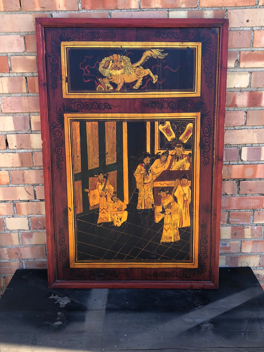 RED AND GOLD ASIAN PANEL WITH PEOPLE AND FOO DOG - EACH