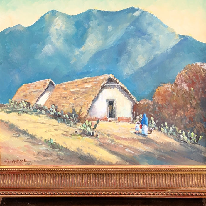 OIL PAINTING OF MEXICAN HUTS BY THE MOUNTAINS BY HARDY MARTIN
