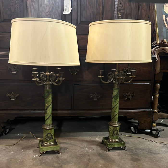 PAIR OF TALL FRENCH STYLE FAUX GREEN MARBLE AND BRONZE LAMPS