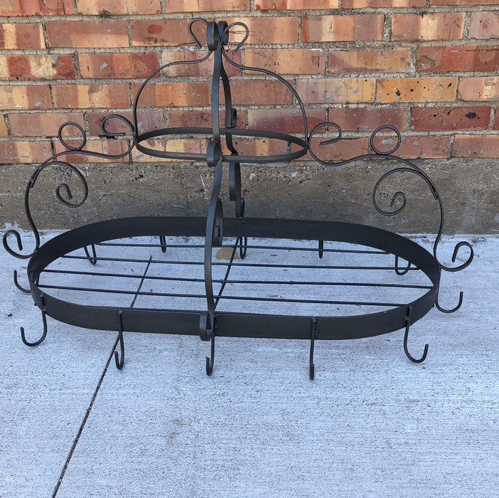 LARGE OVAL WROUGHT IRON GRAY POT RACK