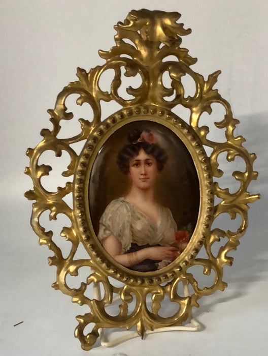 ROCOCCO GILT FRAME WITH OVAL PORCELAIN LADY PLAQUE AS FOUND
