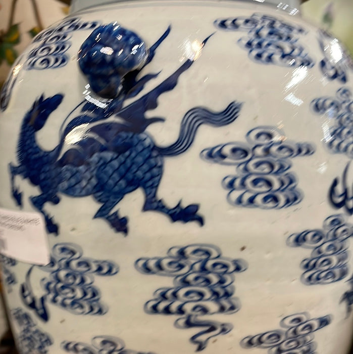 PAIR OF TALL CHINESE BLUE & WHITE GINGER JARS WITH DRAGONS