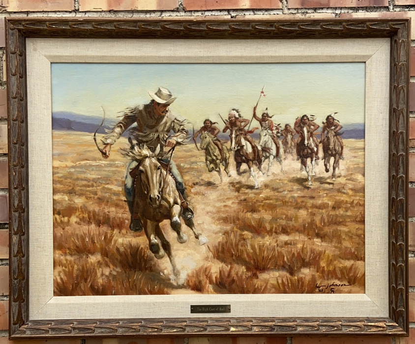 OIL PAINTING OF NATIVE AMERICAN INDIANS CHASING COWBOY SIGNED HARVEY JOHNSON 1968