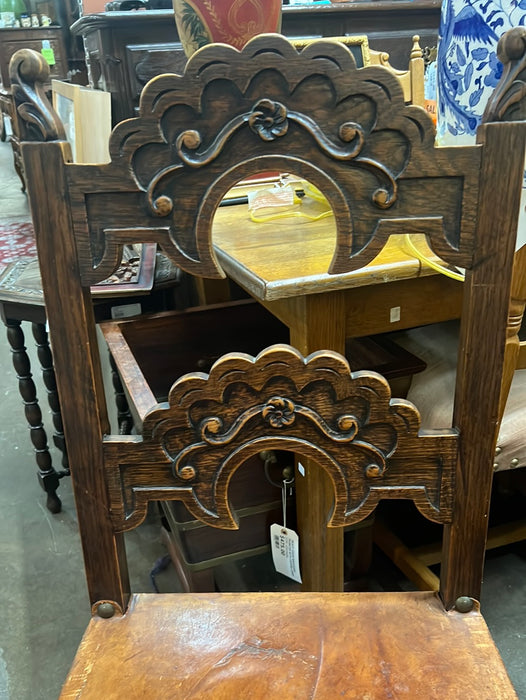 SET OF 6 CARVED OAK CHAIRS WITH LEATHER