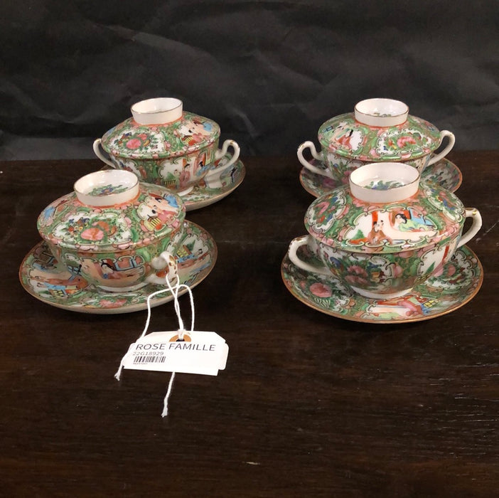 * SET OF FOUR ROSE FAMILLE BULLION CUPS WITH LIDS AND SAUCERS ADDED TO SOLD LOT