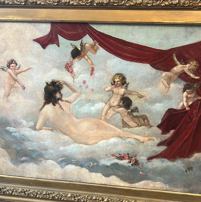 19TH CENTURY OIL PAINTING OF A NUDE WOMAN WITH ANGELS