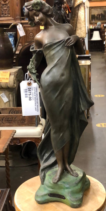 LARGE SPELTER ART NOUVEAU STATUE OF BEAUTIFUL LADY