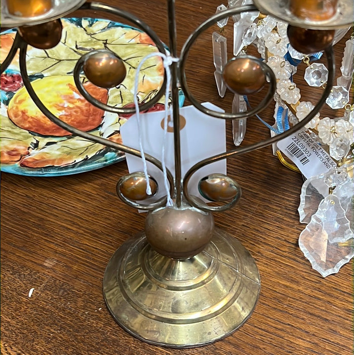 SMALL COPPER AND BRASS CANDLEABRA WITH SPHERES