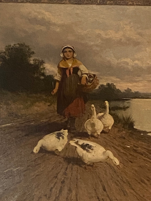 LARGE OIL PAINTING ON CANVAS OF YOUNG GIRL WITH GAGGLE OF GEESE