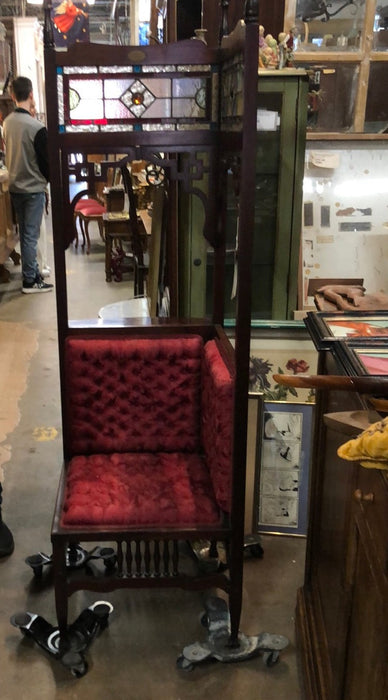 MAHOGANY EDWARDIAN STAINED GLASS CORNER UPHOLSTERED CONFESSIONAL