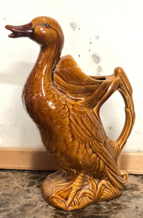 BROWN MAJOLICA DUCK PITCHER