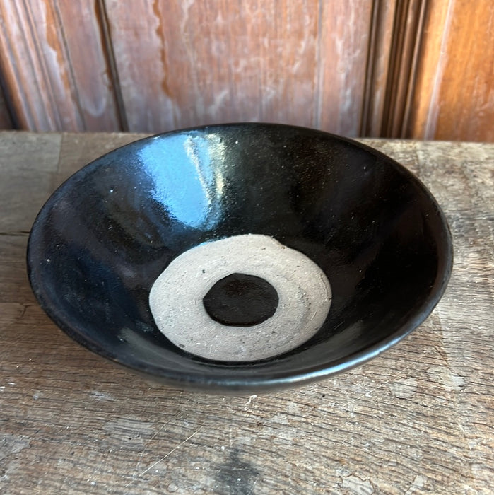 BLACK GLAZED POTTERY BOWL WITH RING/EYE DESIGN - EACH