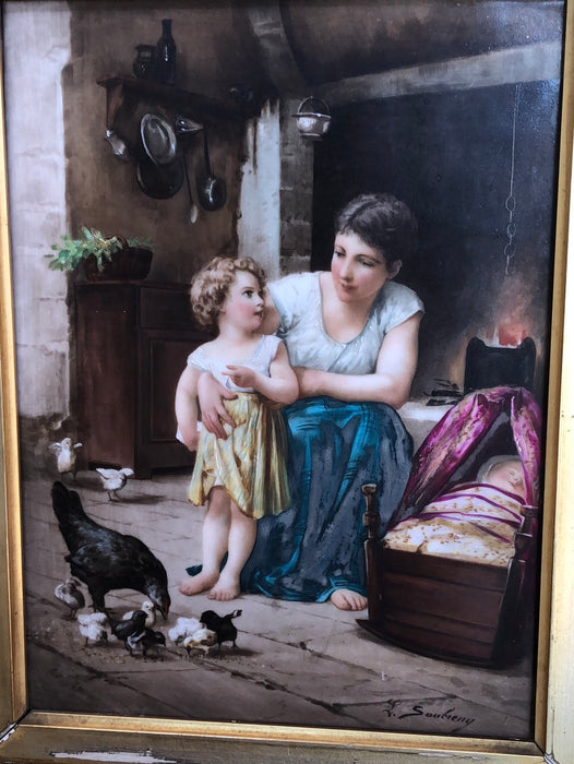 FRAMED SIGNED PAINTING ON PORCELAIN OF WOMAN AND GIRL