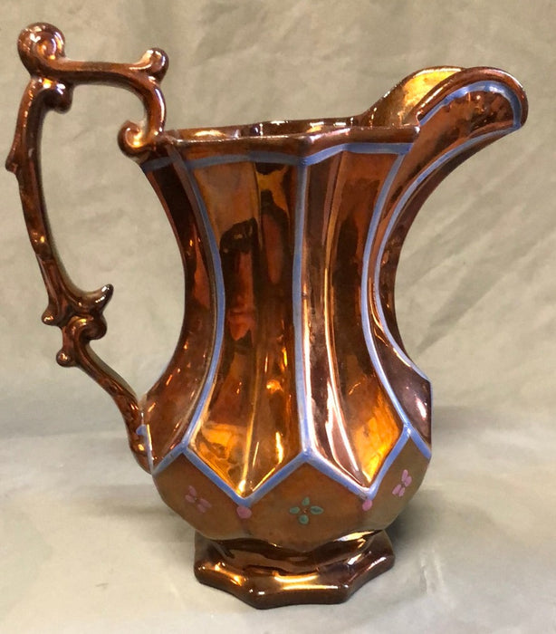 LARGE ORNATE COPPER LUSTER PITCHER WITH BLUE EDGE BANDING