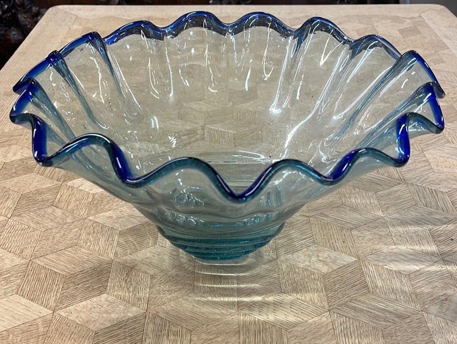 LARGE RUFFLE BLUE ART GLASS BOWL WITH SMALL SQUARE BOTTOM
