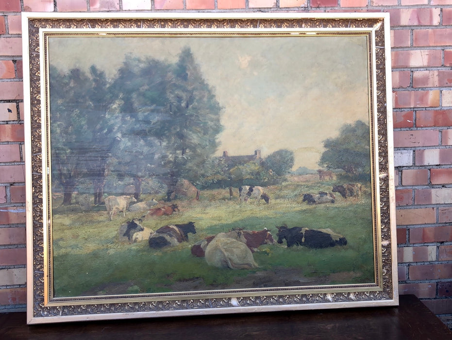 LARGE GOLD FRAMED IMPRESSSIONIST COWS PAINTING