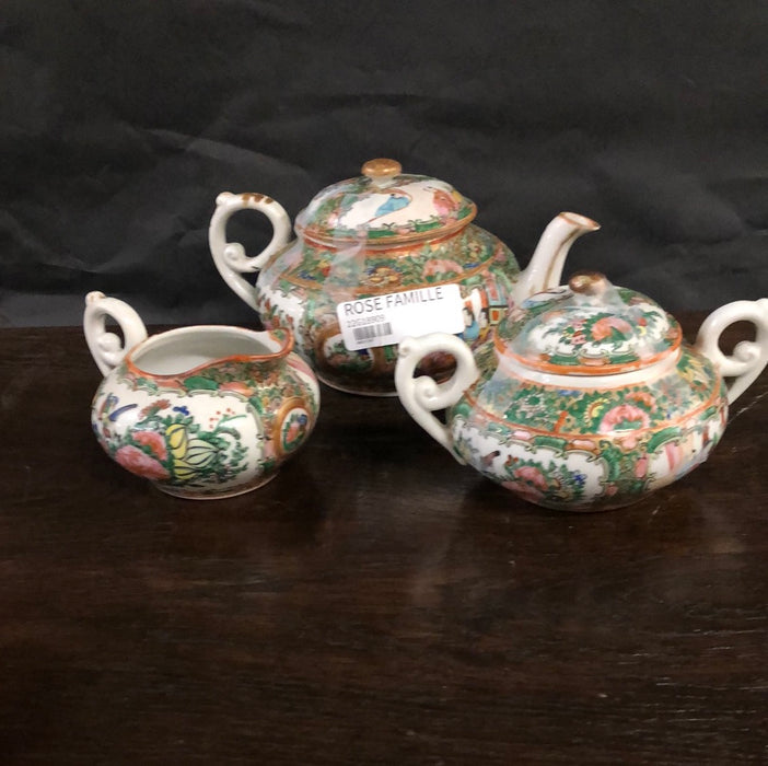 * ROSE FAMILLE TEAPOT CREAMER AND SUGAR ADDED TO SOLD LOT