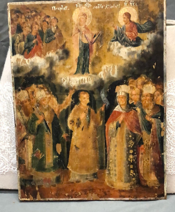 SMALL RELIGIOUS VERTICAL ICON ON PANEL WITH MULTIPLE FIGURES