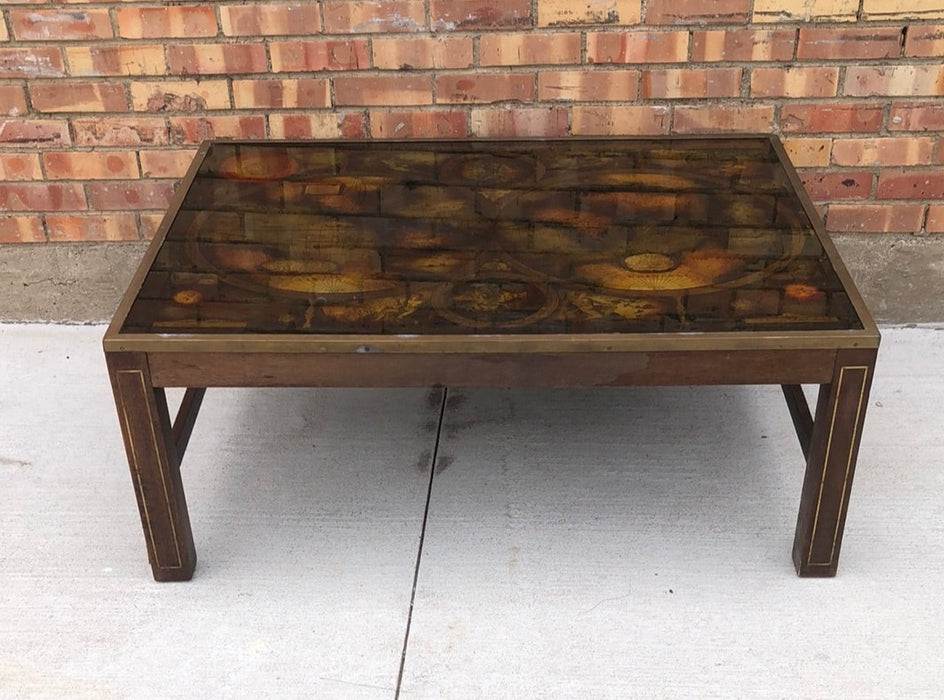 COFFEE TABLE WITH OLD WORLD MAP AND BRASS INLAY