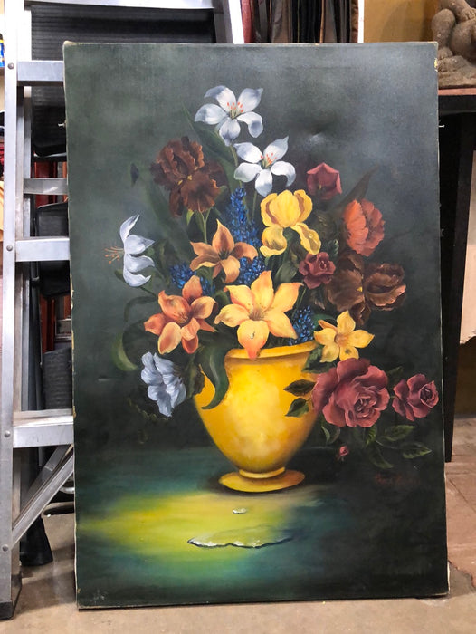 UNFRAMED OIL PAINTING OF FLOWERS IN YELLOW VASE