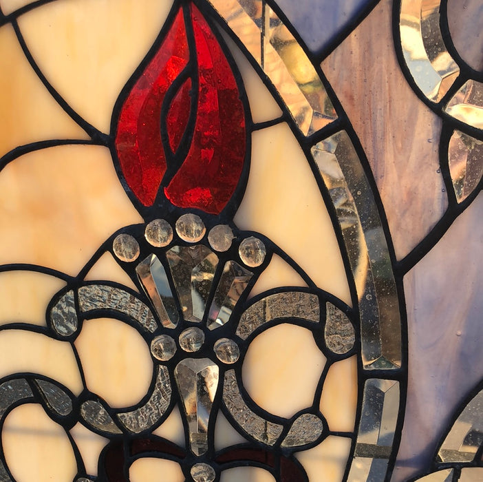 COMBINATION STAINED GLASS WINDOW WITH BEVELED GLASS AND RONDELS