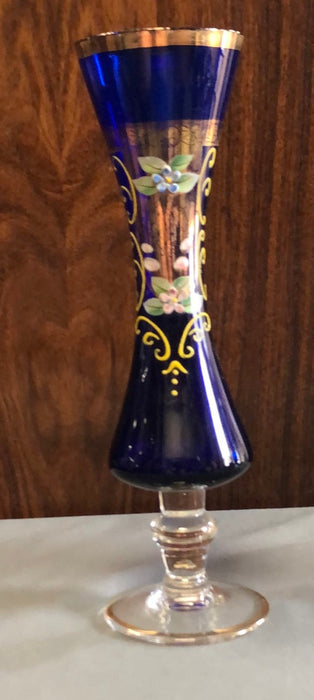 COBALT BOHEMIAN FOTTED VASE WITH GOLD OVERLAY