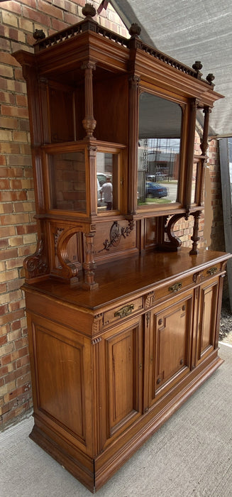 SLASHED PRICE -EACH- FRENCH WALNUT SIDEBOARD WITH POMEGRANITE CARVED FINIALS AND UPPER GLASS VITRINE CABINETS