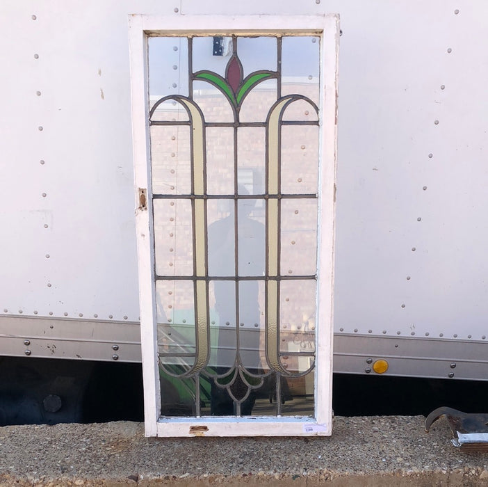 TALL STAINED GLASS CASEMENT WINDOW WITH RED BUD AND MULTI CLORED LEAVES