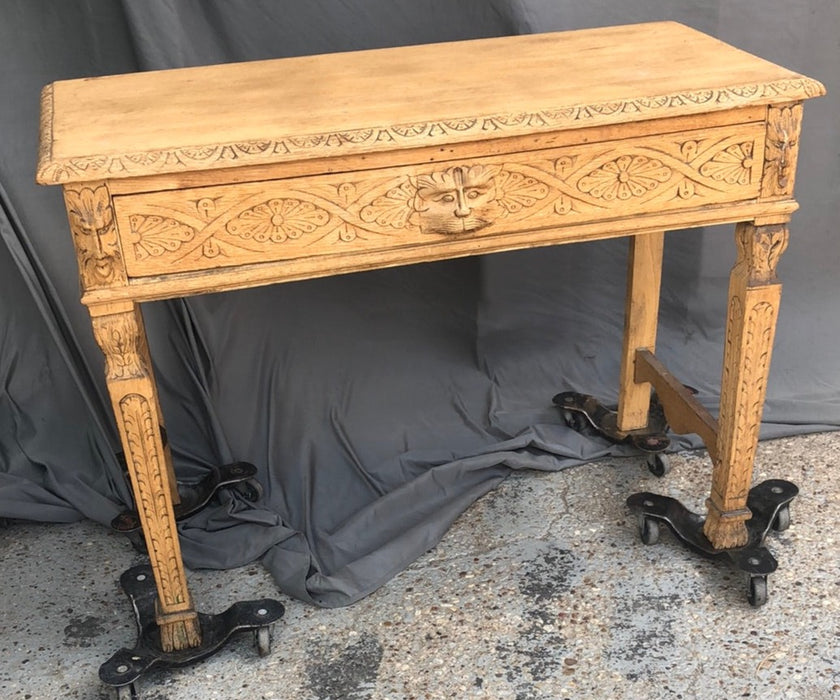 RAW OAK CARVED ENGLISH CONSOLE TABLE WITH DRAWER