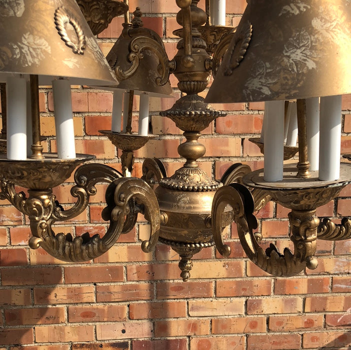 GILT METAL 8 LIGHT CHANDELIER WITH GILT METAL SHADES