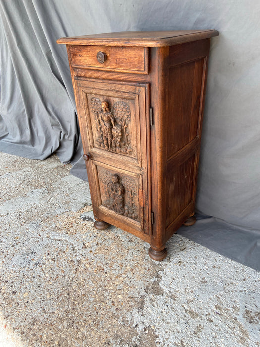 EARLY FIGURAL CARVED OAK SIDE CABINET