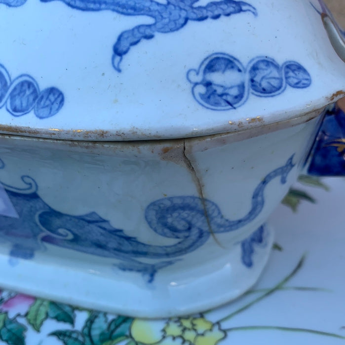 AS FOUND MASON'S IRONSTONE BLUE AND WHITE TUREEN WITH DRAGON