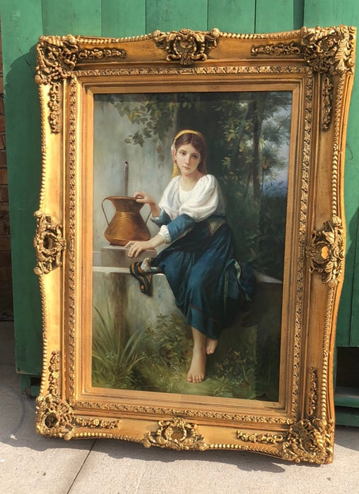 FRAMED OIL PAINTING OF A GIRL WITH A POT