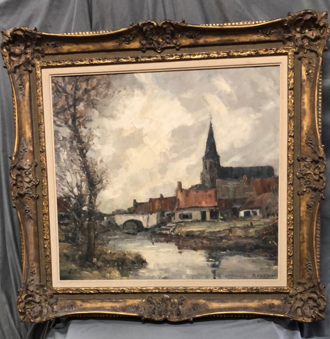 IMPASTO IMPRESSIONIST LARGE CHURCH OIL PAINTING IN ORNATE FRAME-SIGNED