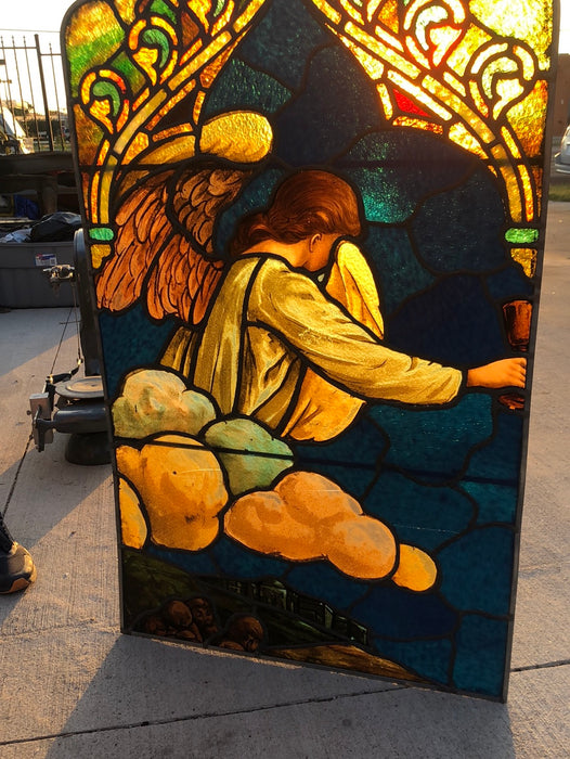 FRAMED ANGEL PAINTED STAINED GLASS WINDOW