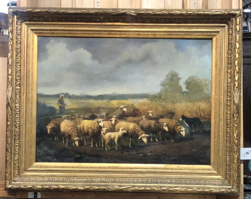 LARGE ORNATE GOLD FRAMED LANDSCAPE OIL PAINTING ON CANVAS WITH SHEEP AND SHEPHERD