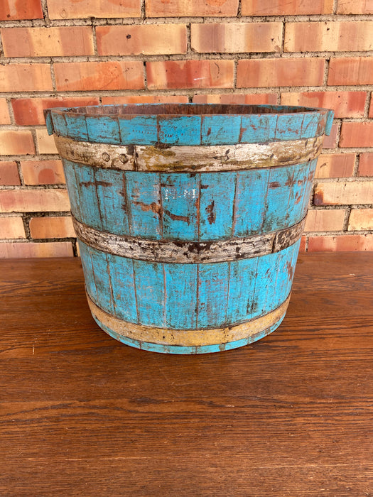 LARGE PRIMITIVE TURQUOISE PAINTED STAVED BUCKET