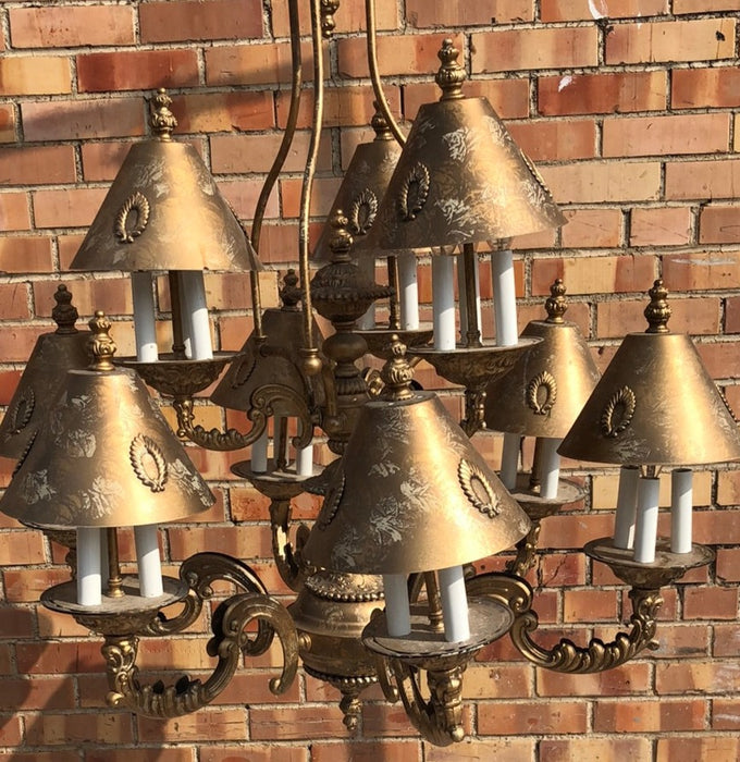 GILT METAL 8 LIGHT CHANDELIER WITH GILT METAL SHADES