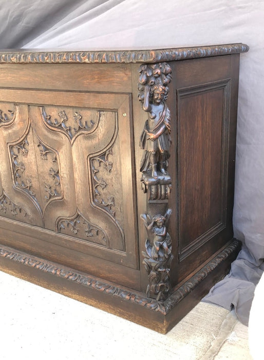 LARGE DARK OAK GOTHIC COFFER