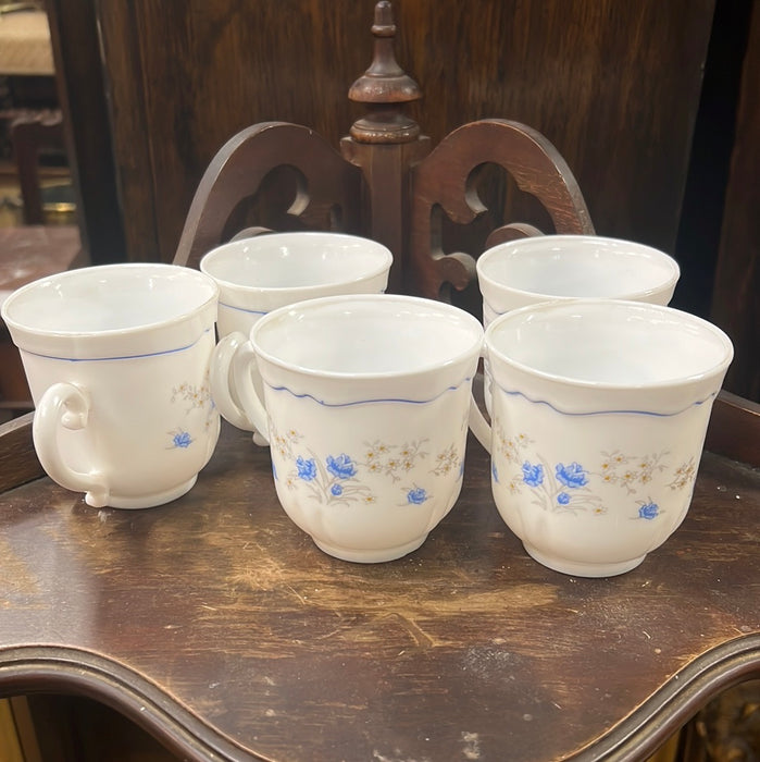 SET OF FIVE WHITE TEACUPS WITH BLUE FLOWERS