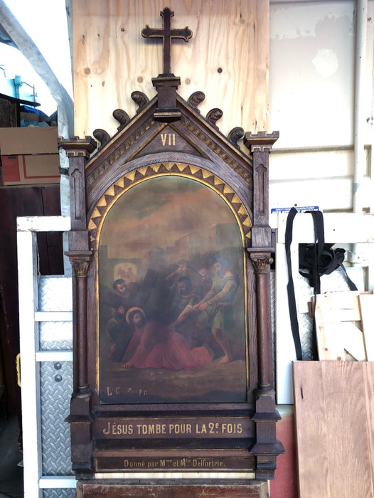 7TH STATION OF THE CROSS-OIL ON METAL IN WOOD FRAME