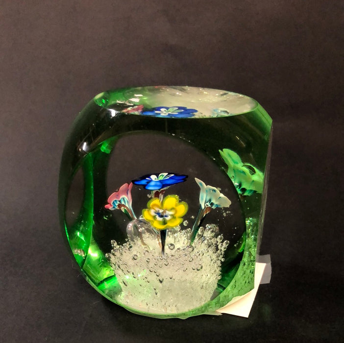 FLORAL GREEN AND CLEAR CUBE PAPERWEIGHT