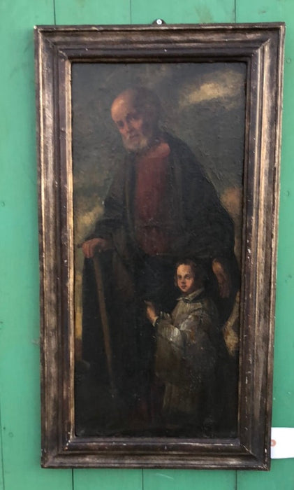 WOOD FRAMED VERTICAL OIL PAINTING ON BOARD 18TH CENTURY SAINT WITH BOY