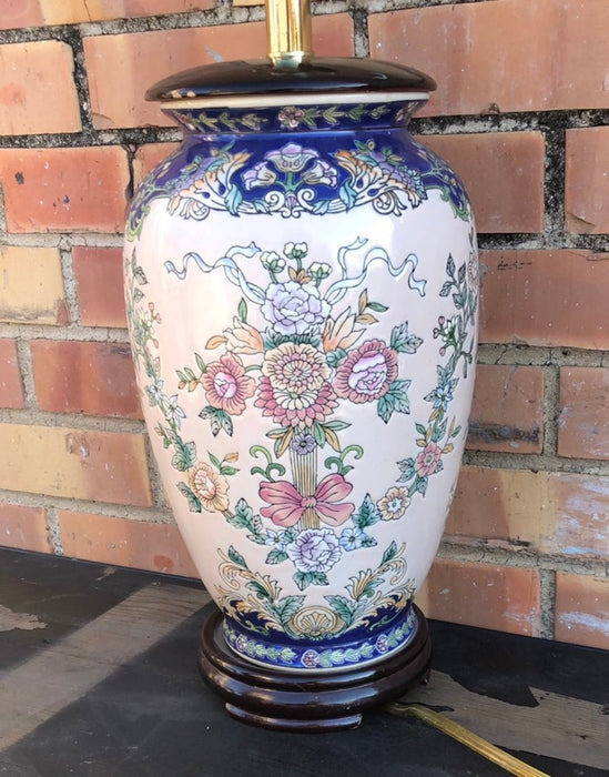 BLUE AND PINK FLORAL PORCELAIN LAMP