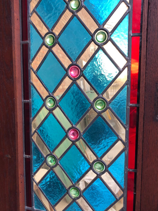 STAINED GLASS WALNUT HUNT CABINET WITH RONDELLS