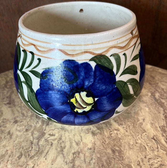 MEXICAN POTTERY HANGING PLANTER WITH BLUE FLOWERS