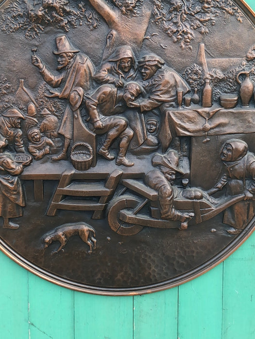 LARGE COPPER RELIEF PLAQUE WITH PEOPLE AND A DOG