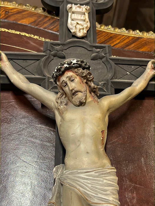 LARGE CARVED EBONIZED WOOD WALL CRUCIFIX WITH CHAULK CORPUS